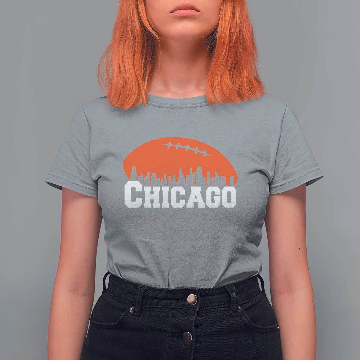 Chicago Skyline Football Graphic T Shirt For Women Bold Windy City Fan Art for Game Days - Wonder Print Shop