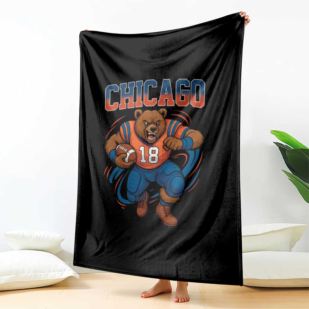 Fierce Football Bear Throw Blanket Chicago Fan Number 18 Bold Orange Game Day Spirit - Wonder Print Shop