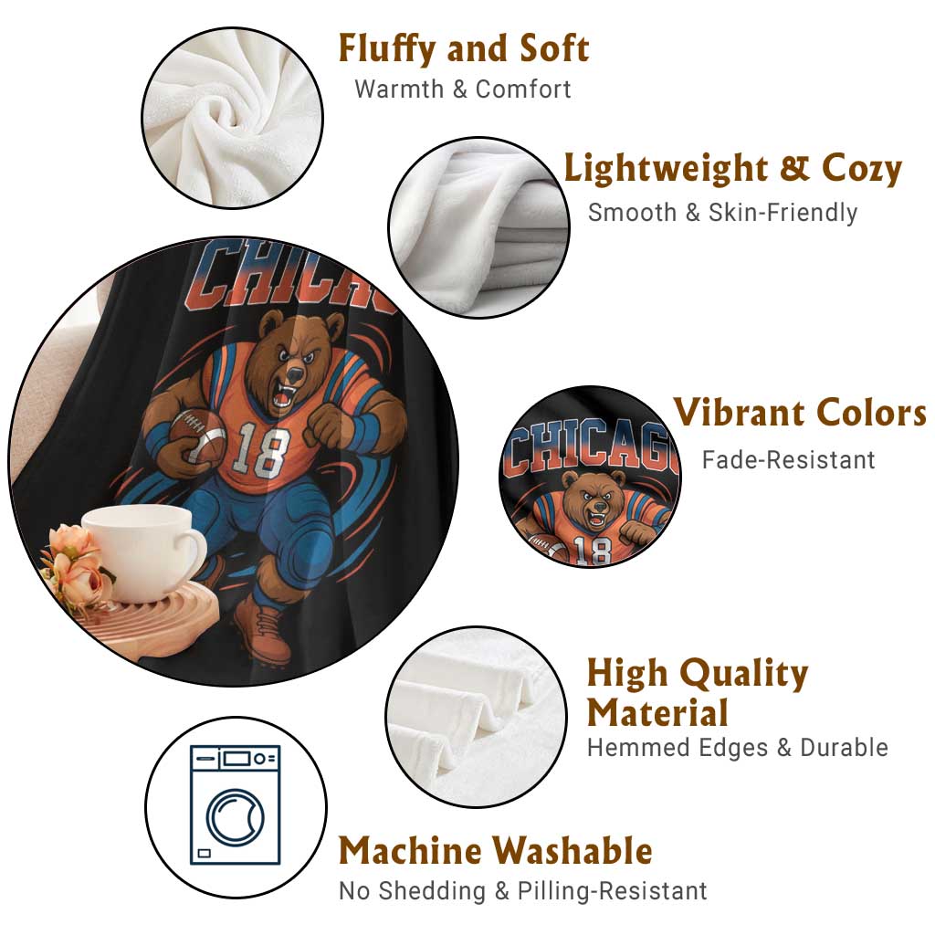 Fierce Football Bear Throw Blanket Chicago Fan Number 18 Bold Orange Game Day Spirit - Wonder Print Shop