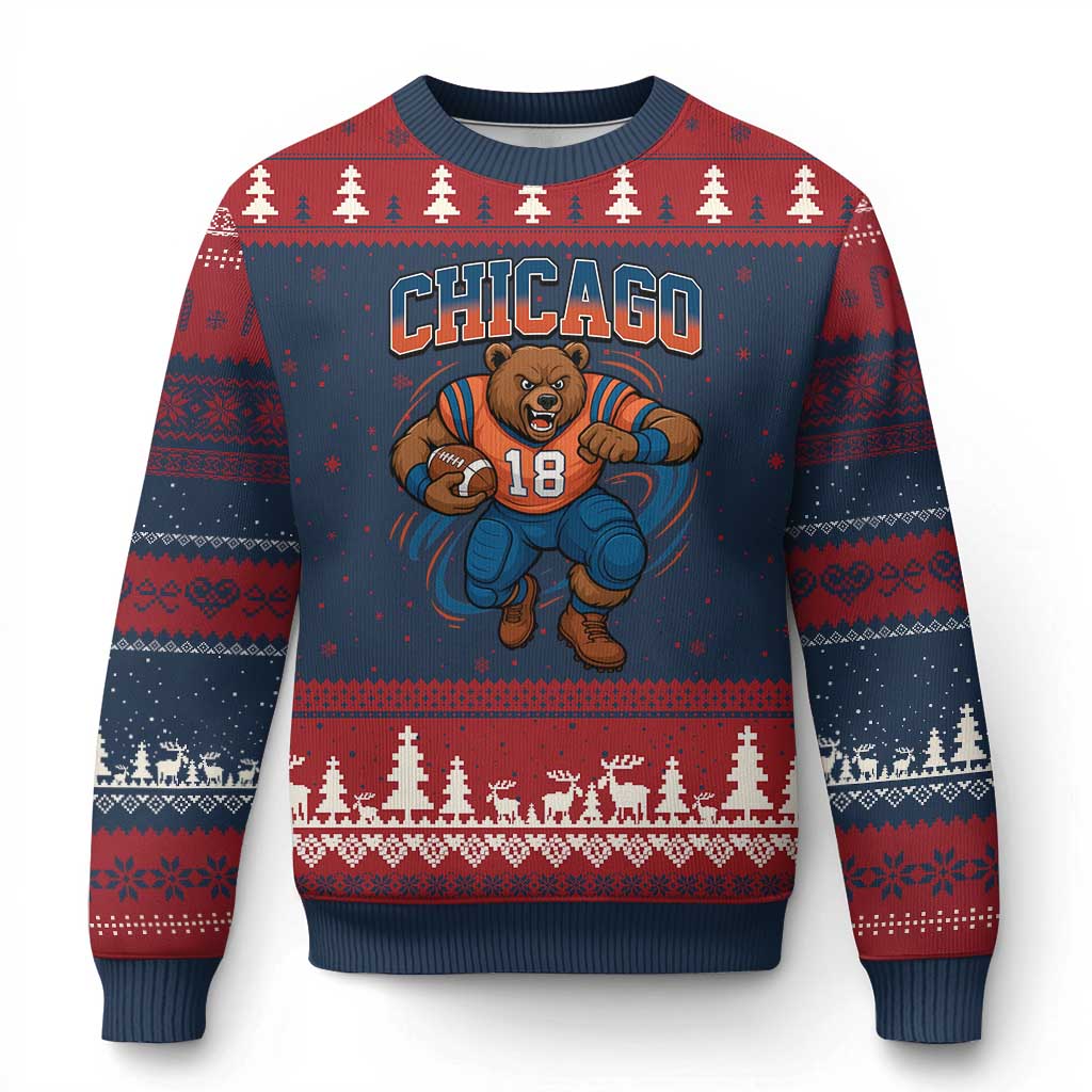 Fierce Football Bear Ugly Christmas Sweater Chicago Fan Number 18 Bold Orange Game Day Spirit - Wonder Print Shop