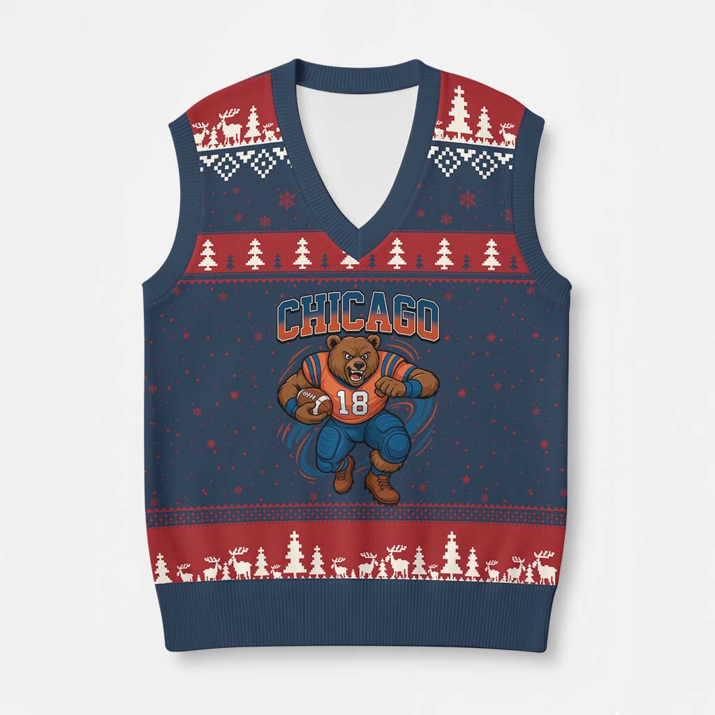 Fierce Football Bear V-Neck Knit Sweater Vest Chicago Fan Number 18 Bold Orange Game Day Spirit - Wonder Print Shop