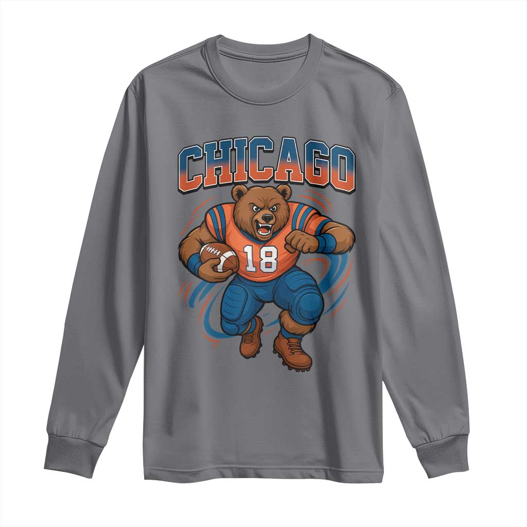 Fierce Football Bear Long Sleeve Shirt Chicago Fan Number 18 Bold Orange Game Day Spirit - Wonder Print Shop