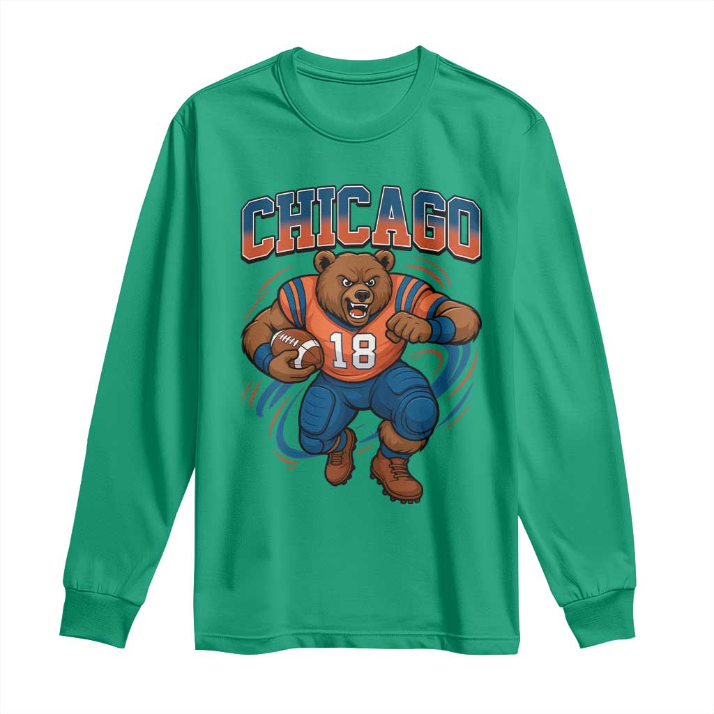 Fierce Football Bear Long Sleeve Shirt Chicago Fan Number 18 Bold Orange Game Day Spirit - Wonder Print Shop