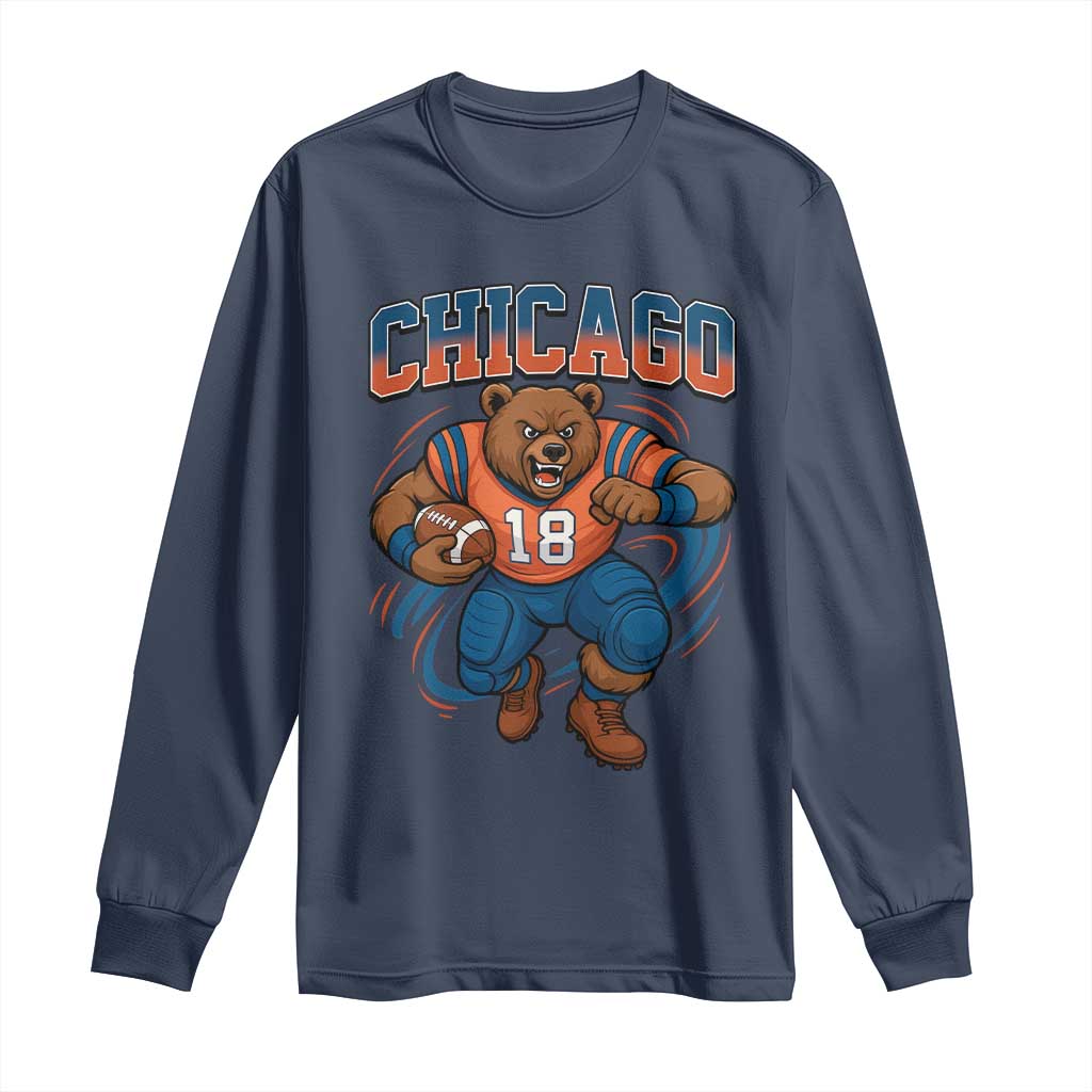 Fierce Football Bear Long Sleeve Shirt Chicago Fan Number 18 Bold Orange Game Day Spirit - Wonder Print Shop