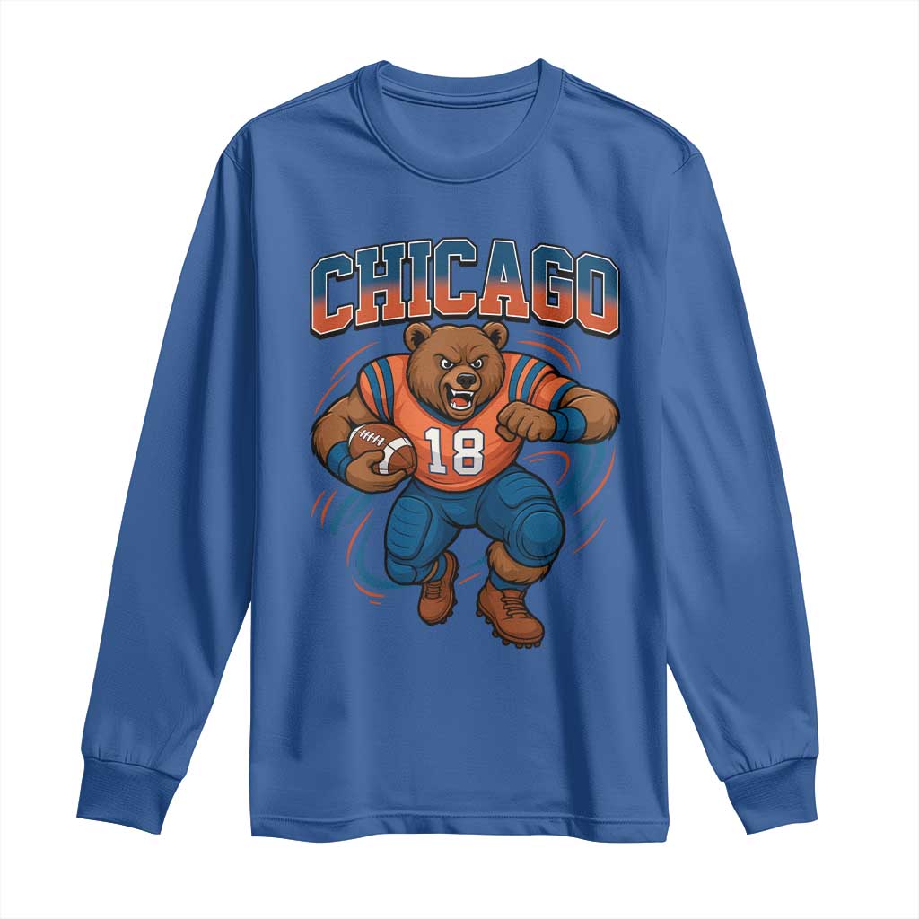 Fierce Football Bear Long Sleeve Shirt Chicago Fan Number 18 Bold Orange Game Day Spirit - Wonder Print Shop