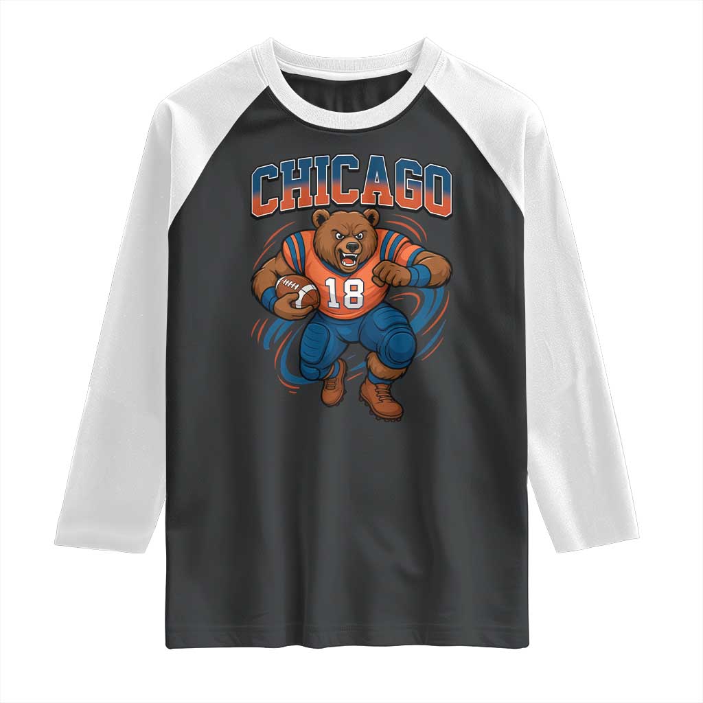 Fierce Football Bear Raglan Shirt Chicago Fan Number 18 Bold Orange Game Day Spirit - Wonder Print Shop