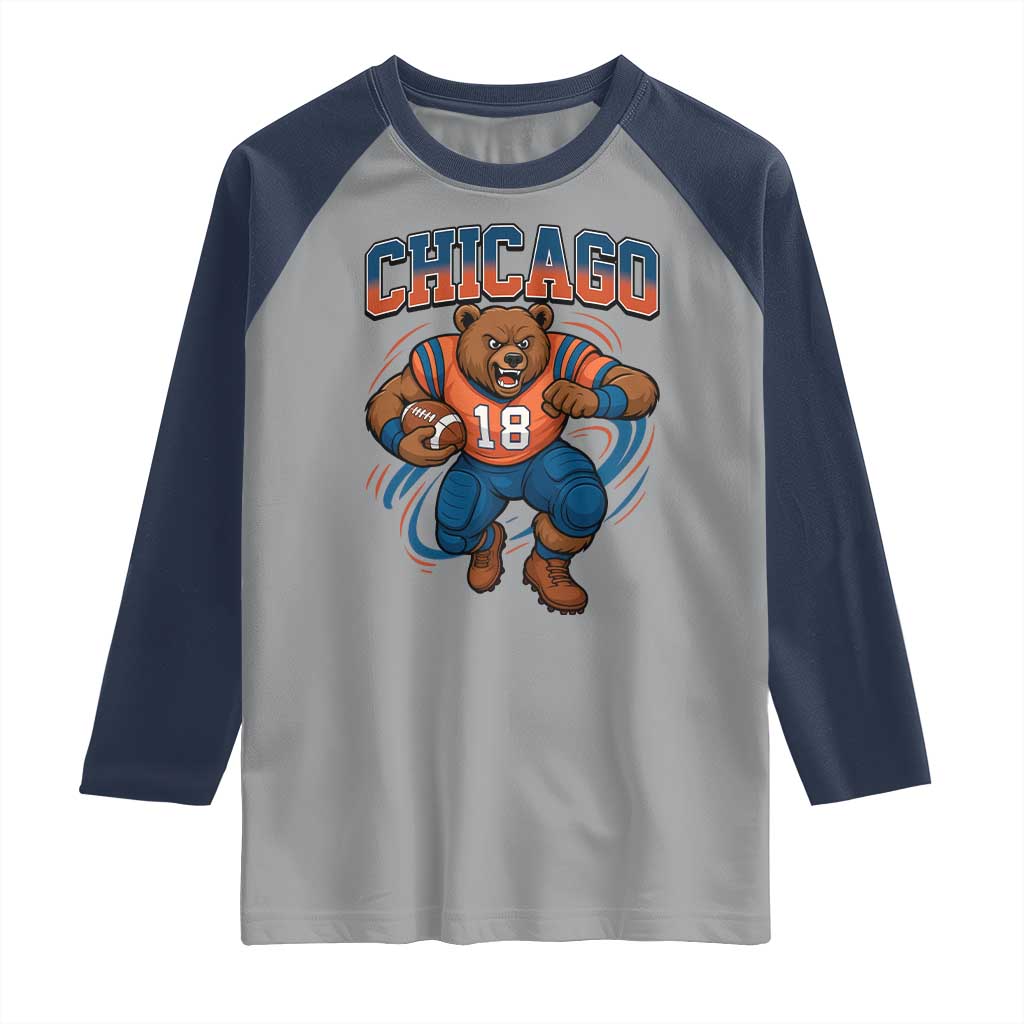 Fierce Football Bear Raglan Shirt Chicago Fan Number 18 Bold Orange Game Day Spirit - Wonder Print Shop