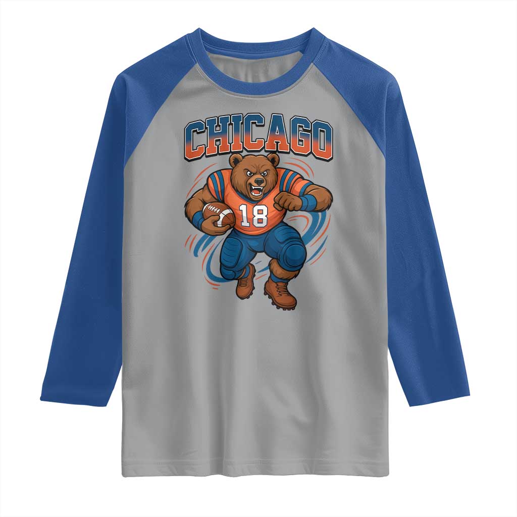 Fierce Football Bear Raglan Shirt Chicago Fan Number 18 Bold Orange Game Day Spirit - Wonder Print Shop