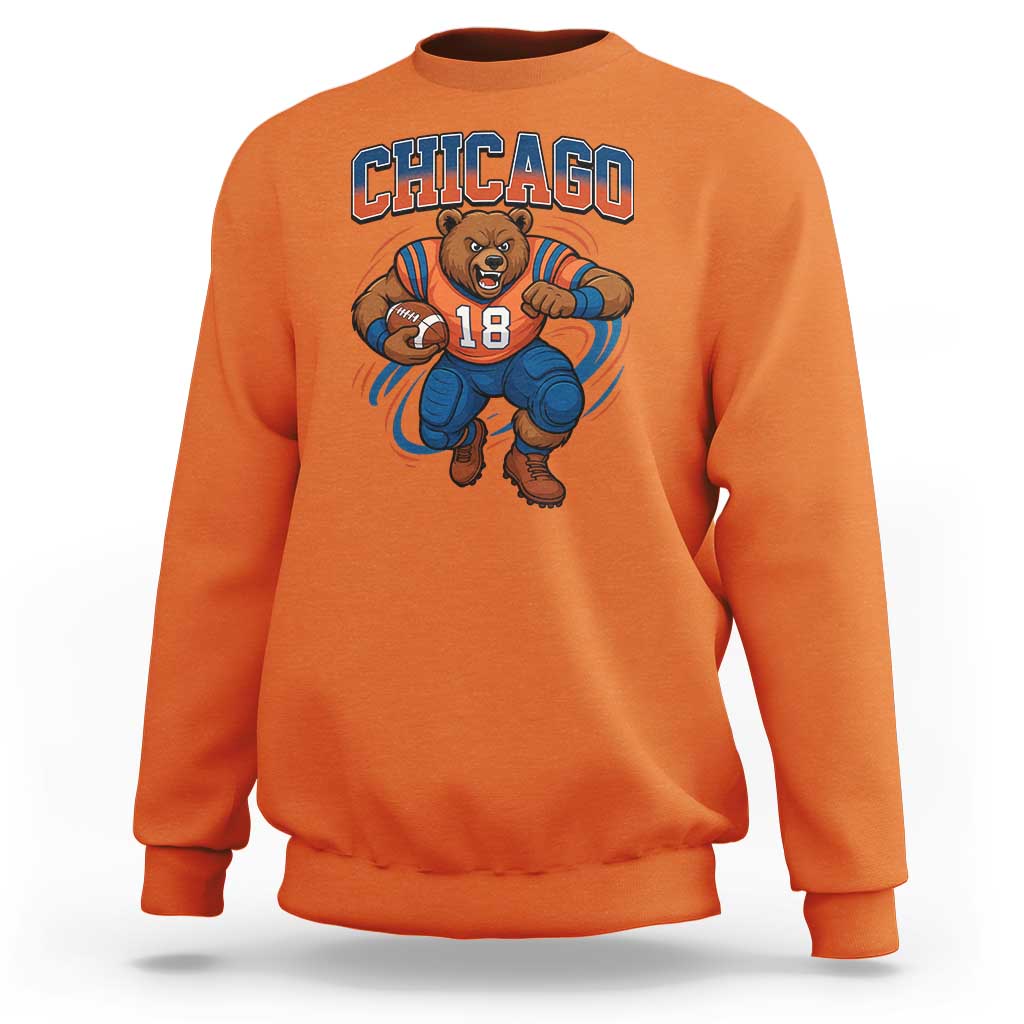 Fierce Football Bear Sweatshirt Chicago Fan Number 18 Bold Orange Game Day Spirit - Wonder Print Shop