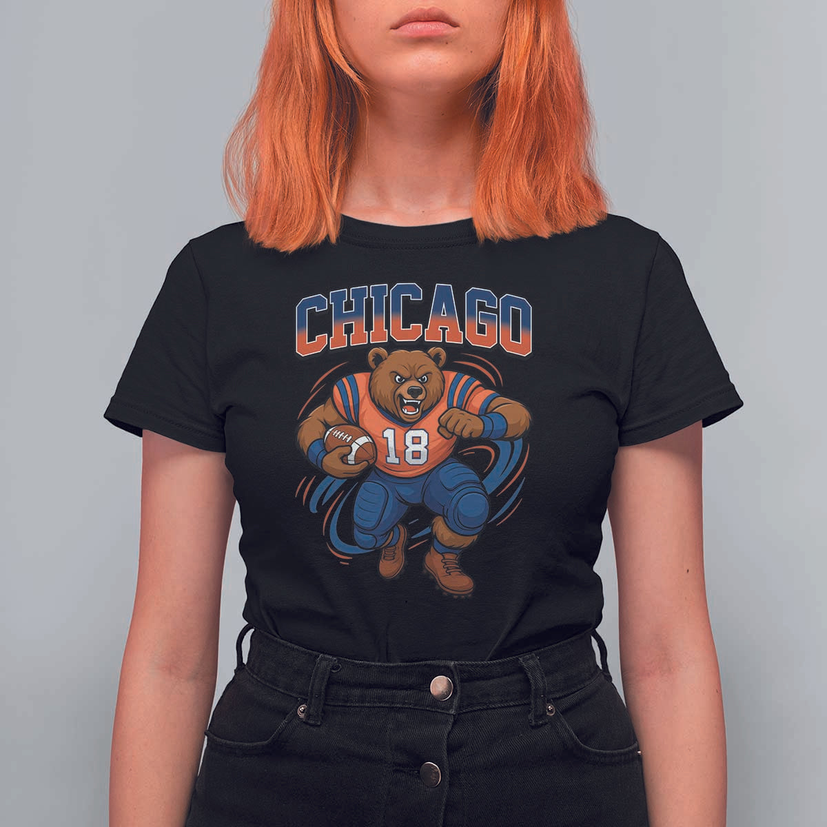 Fierce Football Bear T Shirt For Women Chicago Fan Number 18 Bold Orange Game Day Spirit - Wonder Print Shop