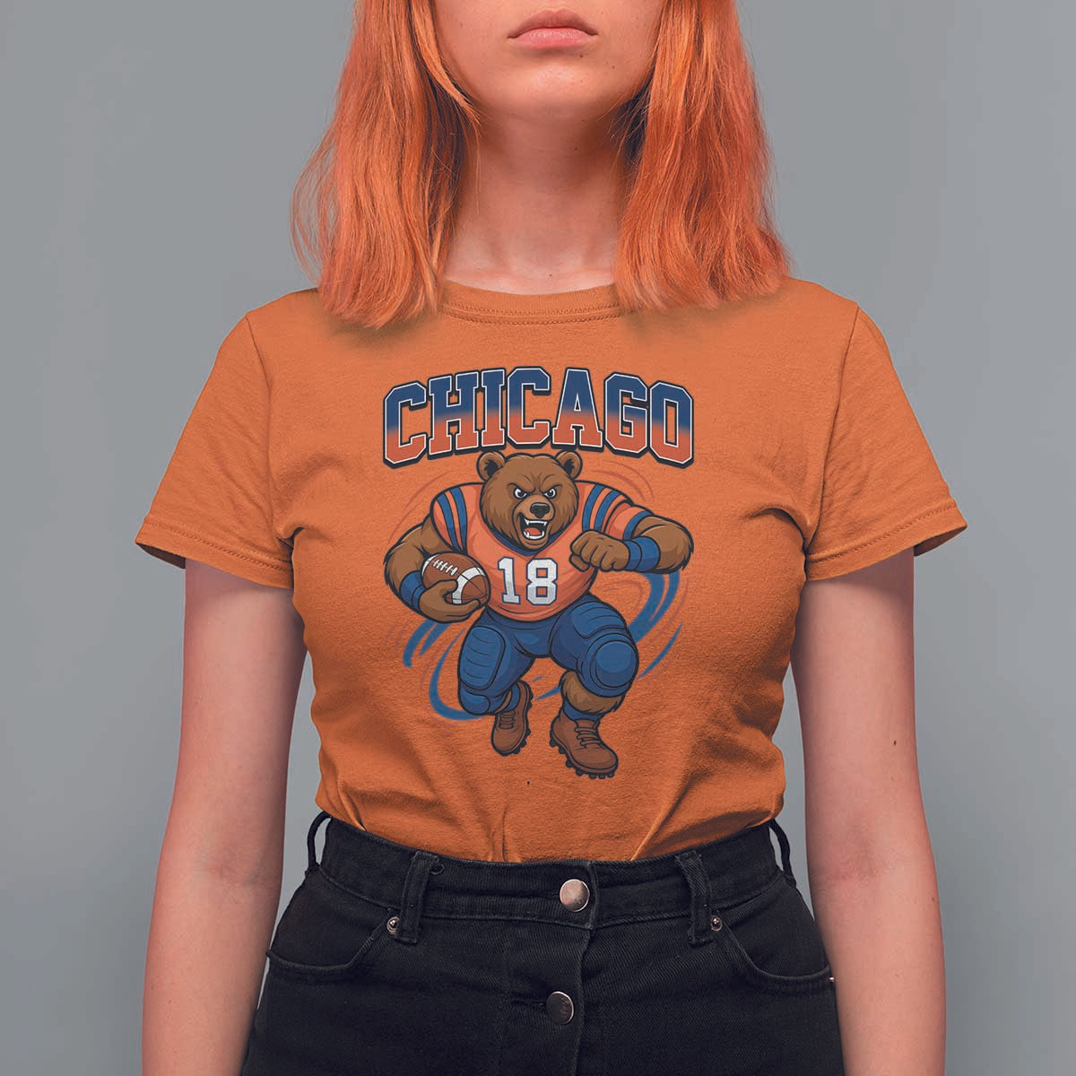 Fierce Football Bear T Shirt For Women Chicago Fan Number 18 Bold Orange Game Day Spirit - Wonder Print Shop