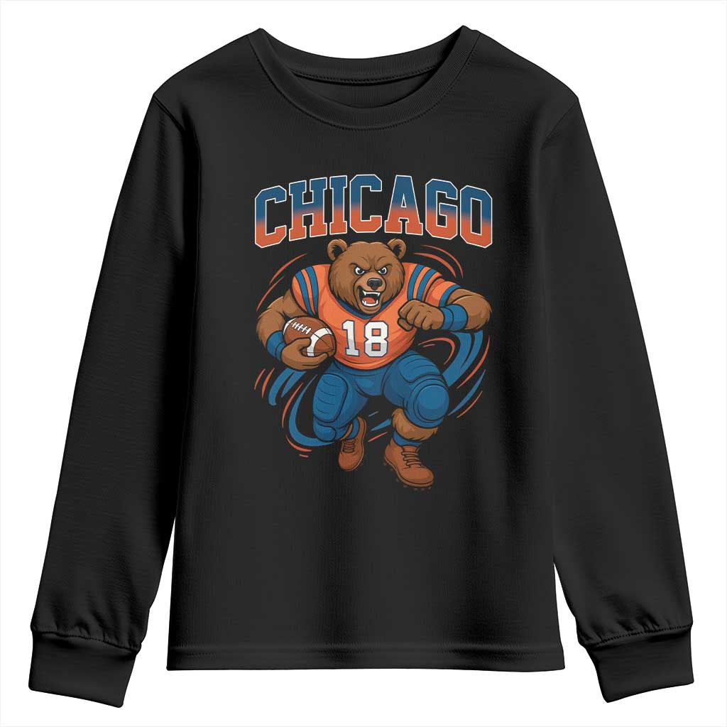 Fierce Football Bear Youth Sweatshirt Chicago Fan Number 18 Bold Orange Game Day Spirit - Wonder Print Shop
