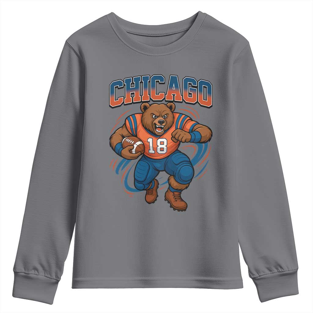 Fierce Football Bear Youth Sweatshirt Chicago Fan Number 18 Bold Orange Game Day Spirit - Wonder Print Shop