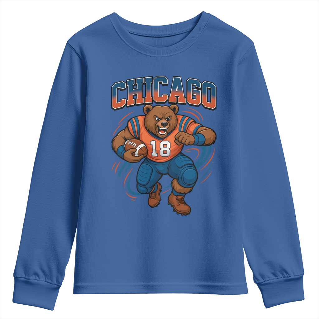 Fierce Football Bear Youth Sweatshirt Chicago Fan Number 18 Bold Orange Game Day Spirit - Wonder Print Shop