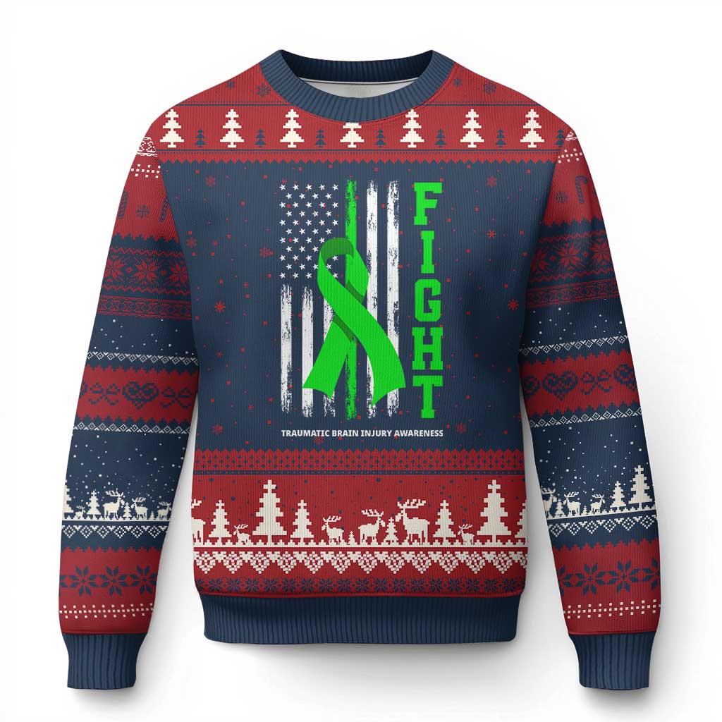 Traumatic Brain Injury Awareness Ugly Christmas Sweater Fight TBI American US Flag - Wonder Print Shop