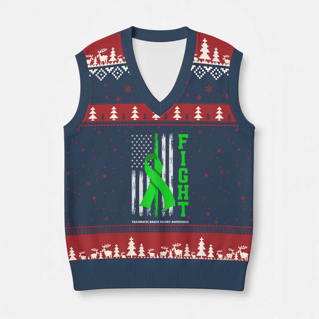 Traumatic Brain Injury Awareness V-Neck Knit Sweater Vest Fight TBI American US Flag - Wonder Print Shop