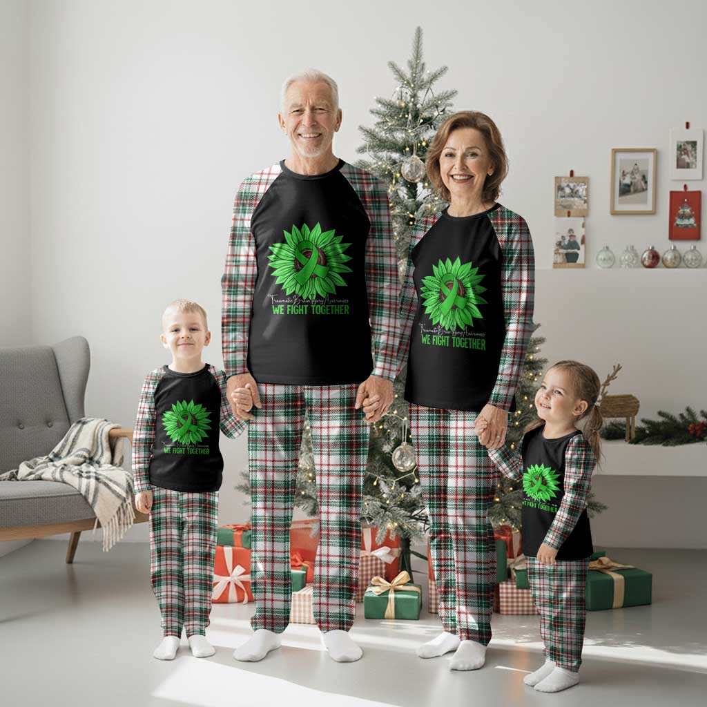 Traumatic Brain Injury Awareness Plaid Pajama Set TBI We Fight Together Green Sunflower - Wonder Print Shop