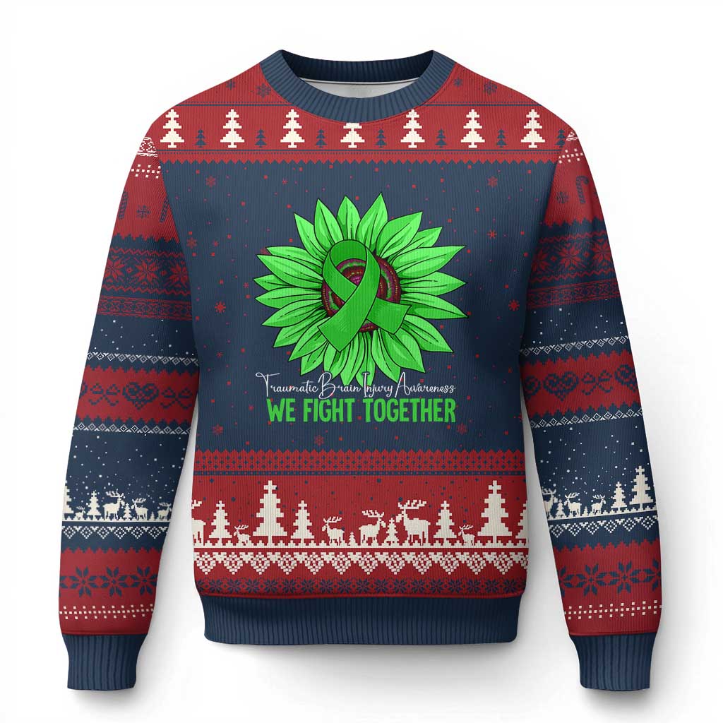Traumatic Brain Injury Awareness Ugly Christmas Sweater TBI We Fight Together Green Sunflower - Wonder Print Shop
