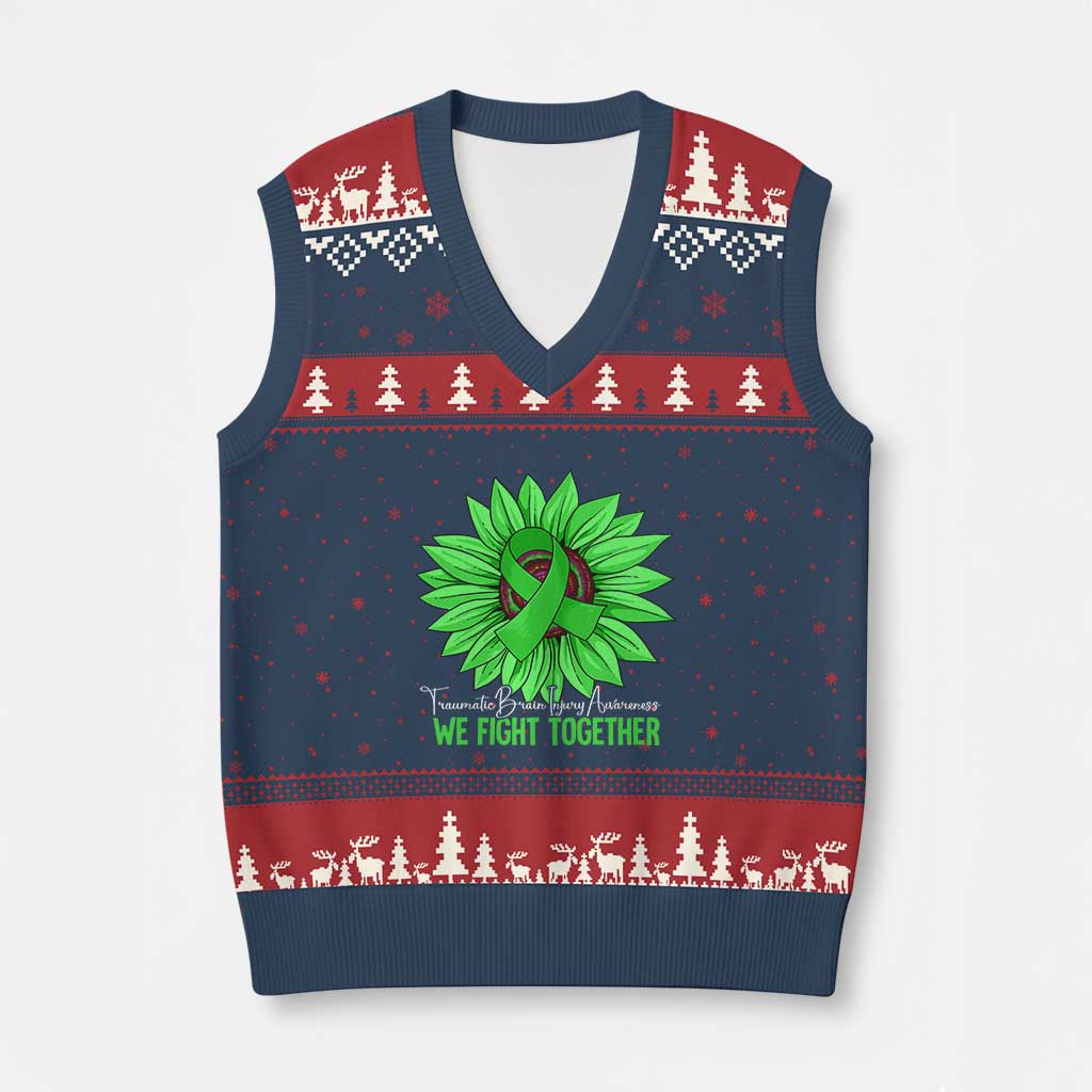 Traumatic Brain Injury Awareness V-Neck Knit Sweater Vest TBI We Fight Together Green Sunflower - Wonder Print Shop