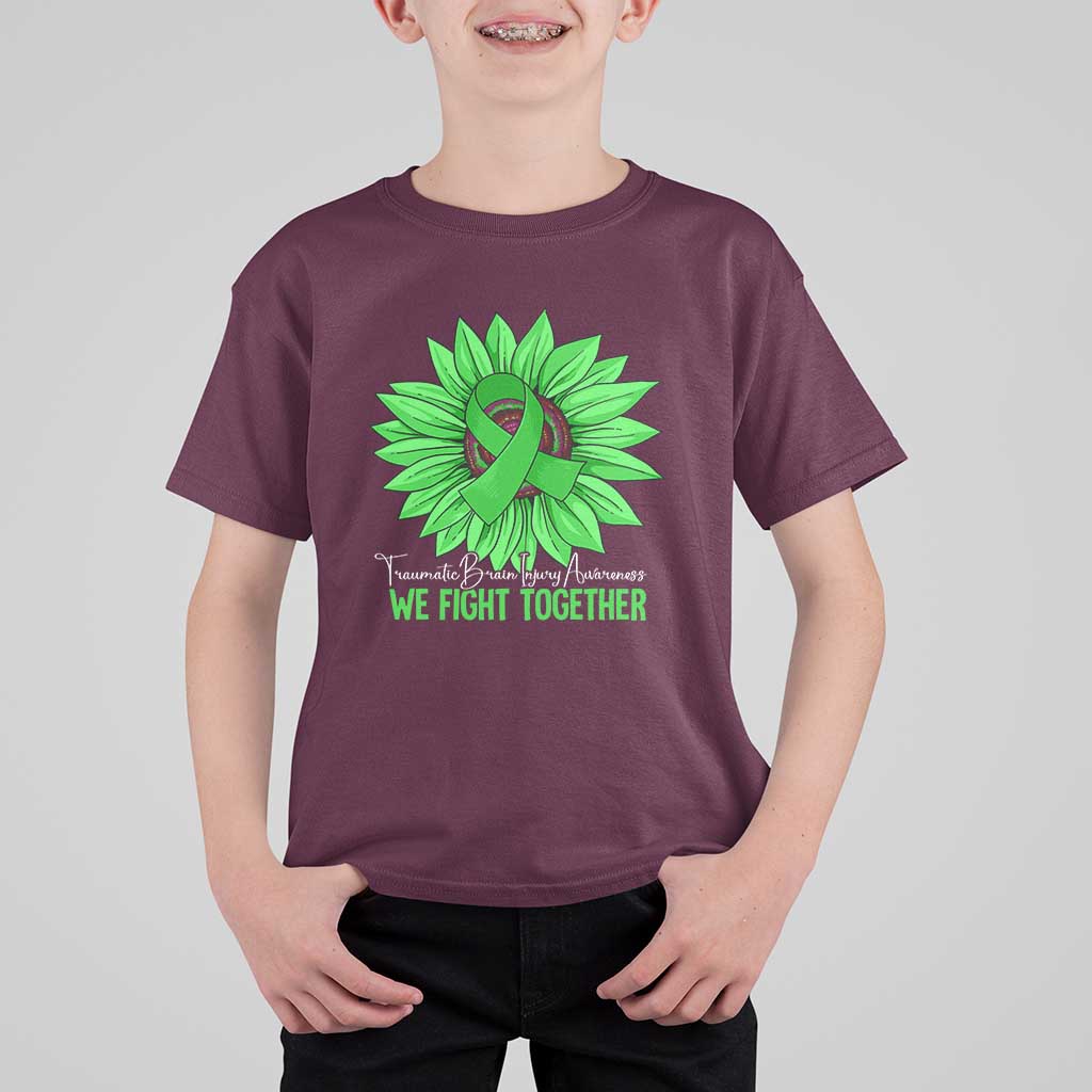 Traumatic Brain Injury Awareness T Shirt For Kid TBI We Fight Together Green Sunflower