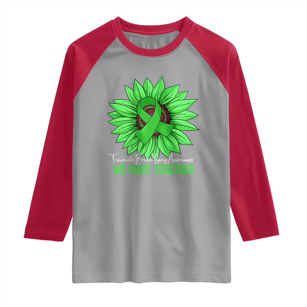 Traumatic Brain Injury Awareness Raglan Shirt TBI We Fight Together Green Sunflower