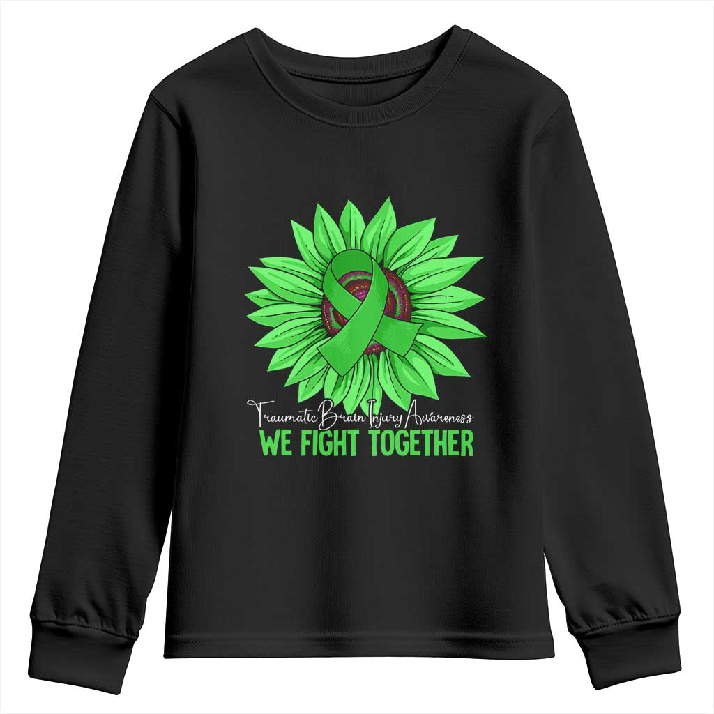 Traumatic Brain Injury Awareness Youth Sweatshirt TBI We Fight Together Green Sunflower