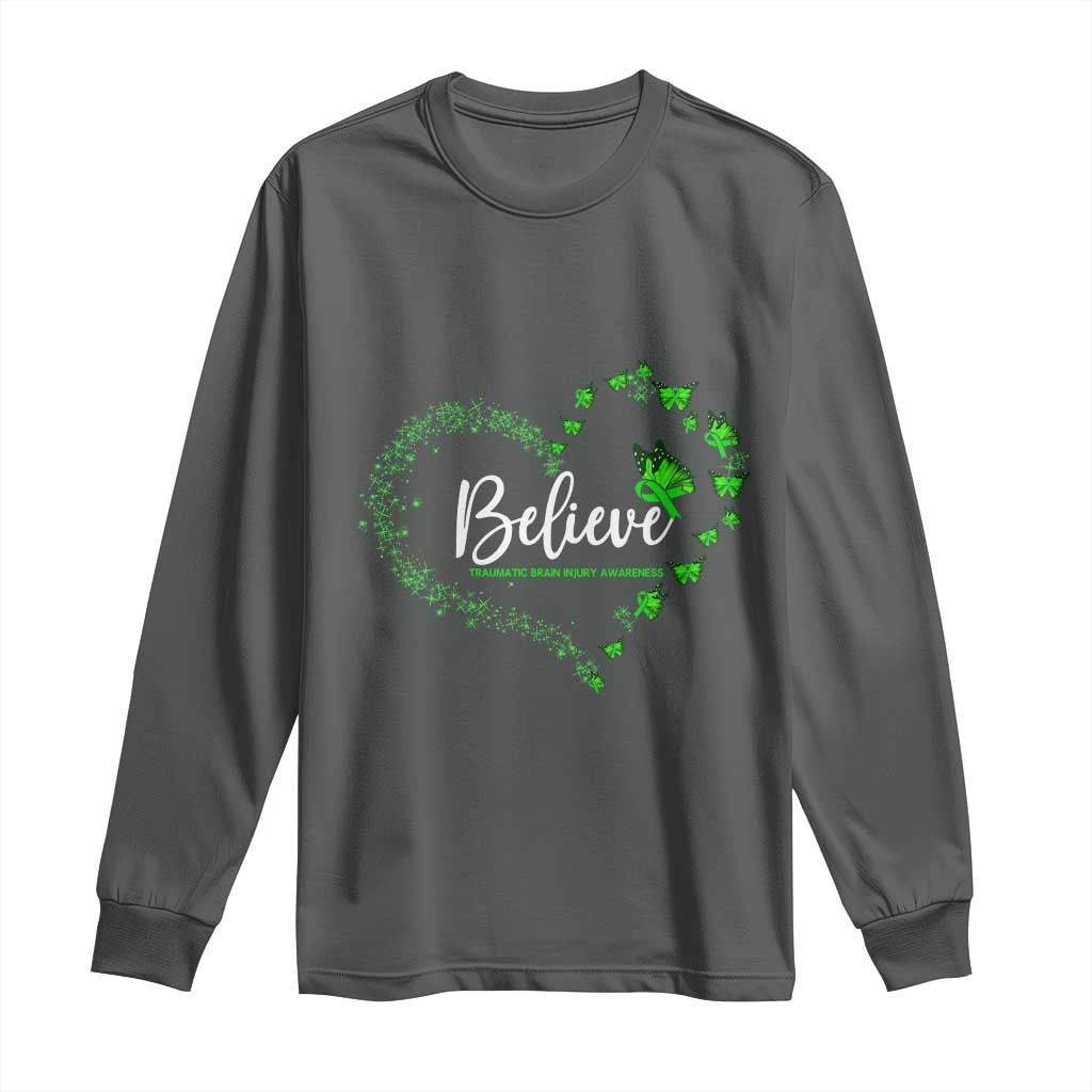 Traumatic Brain Injury Awareness Long Sleeve Shirt TBI Believe Butterflies