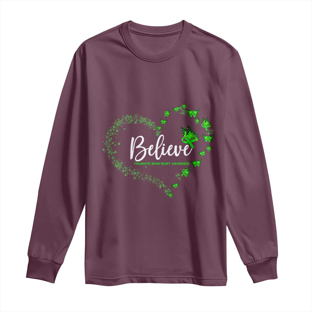 Traumatic Brain Injury Awareness Long Sleeve Shirt TBI Believe Butterflies