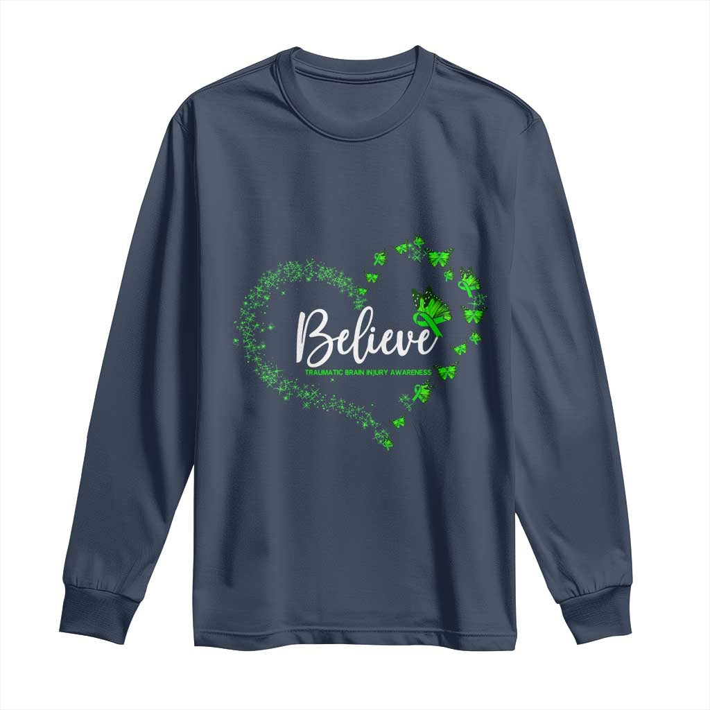 Traumatic Brain Injury Awareness Long Sleeve Shirt TBI Believe Butterflies