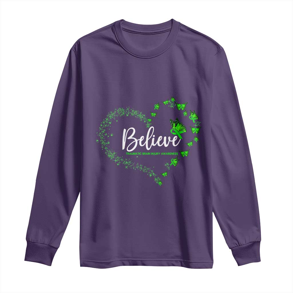 Traumatic Brain Injury Awareness Long Sleeve Shirt TBI Believe Butterflies