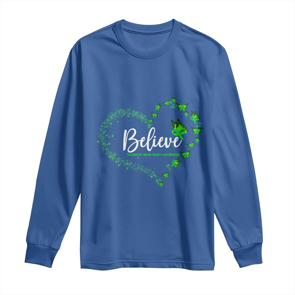 Traumatic Brain Injury Awareness Long Sleeve Shirt TBI Believe Butterflies