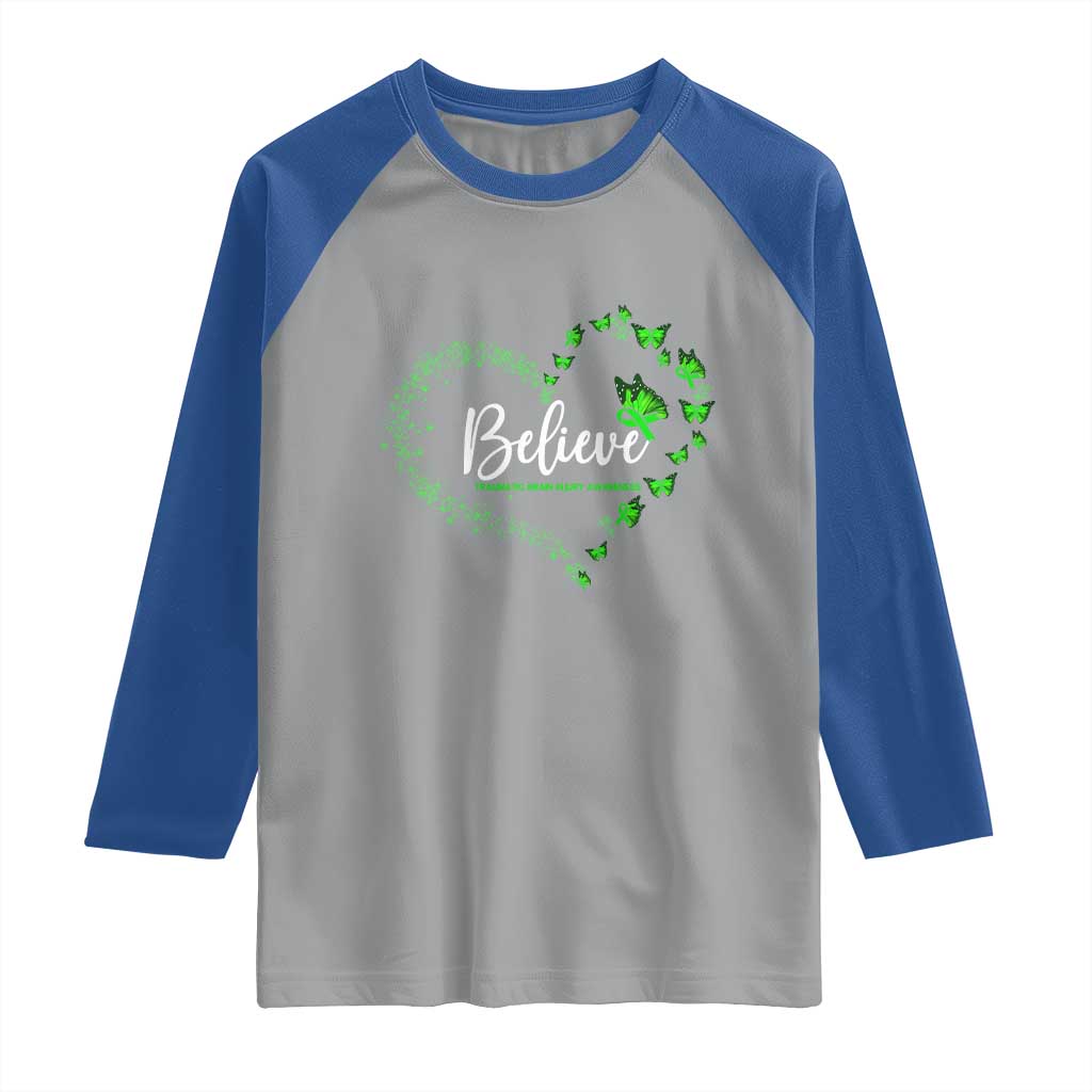 Traumatic Brain Injury Awareness Raglan Shirt TBI Believe Butterflies