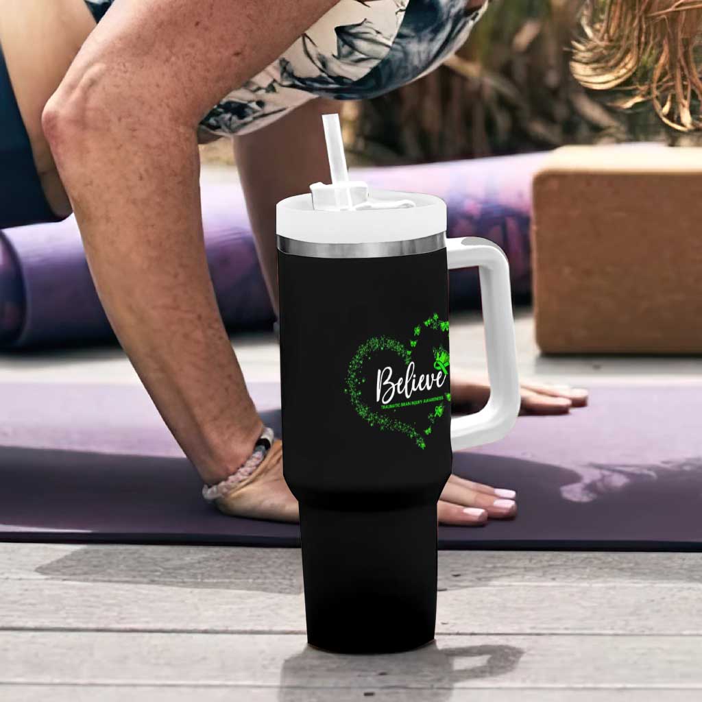 Traumatic Brain Injury Awareness Tumbler With Handle TBI Believe Butterflies