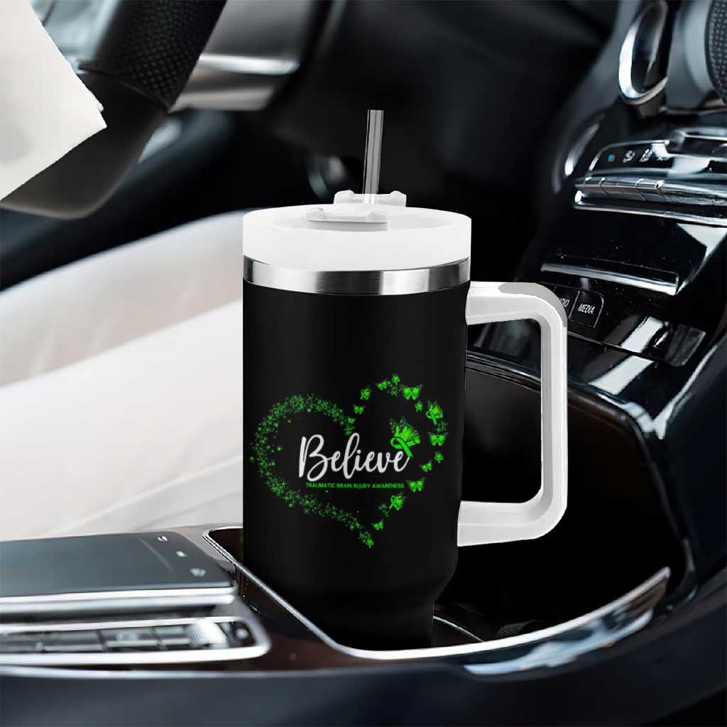 Traumatic Brain Injury Awareness Tumbler With Handle TBI Believe Butterflies