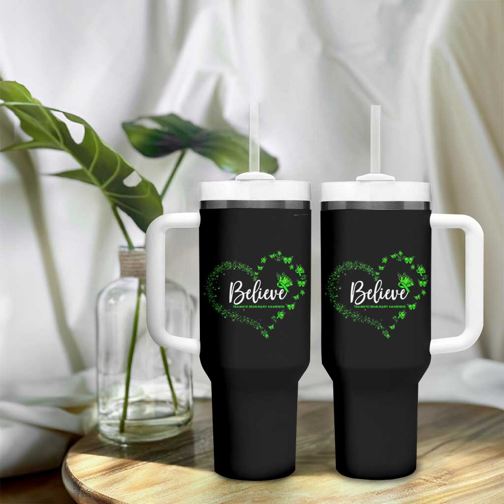 Traumatic Brain Injury Awareness Tumbler With Handle TBI Believe Butterflies