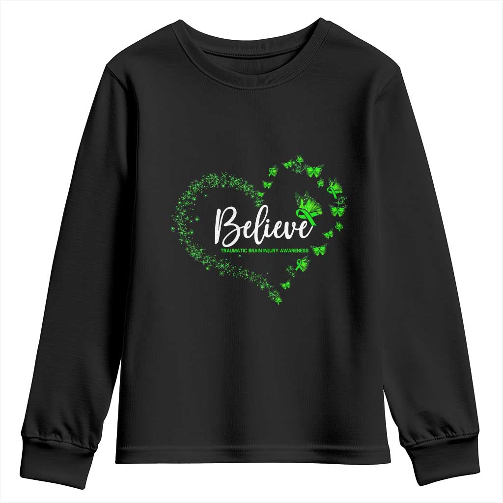 Traumatic Brain Injury Awareness Youth Sweatshirt TBI Believe Butterflies