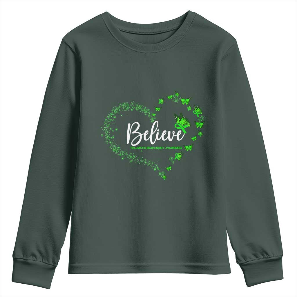 Traumatic Brain Injury Awareness Youth Sweatshirt TBI Believe Butterflies