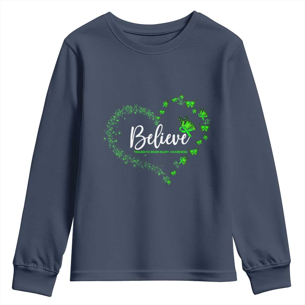 Traumatic Brain Injury Awareness Youth Sweatshirt TBI Believe Butterflies