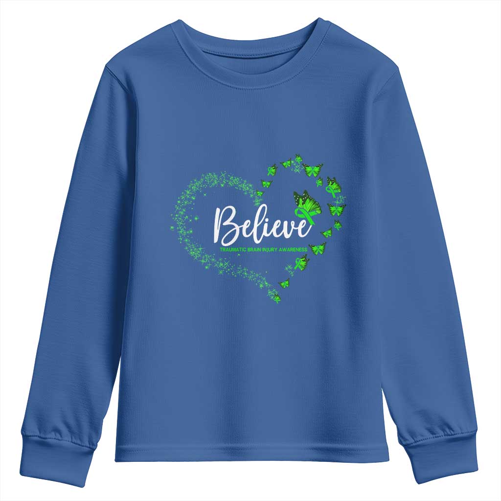 Traumatic Brain Injury Awareness Youth Sweatshirt TBI Believe Butterflies