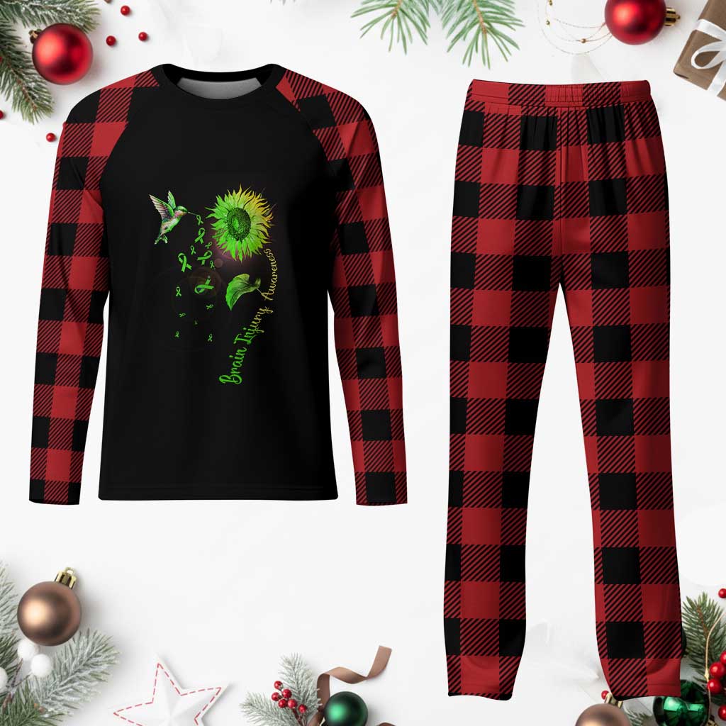 Traumatic Brain Injury Awareness Plaid Pajama Set Sunflower Hummingbird - Wonder Print Shop