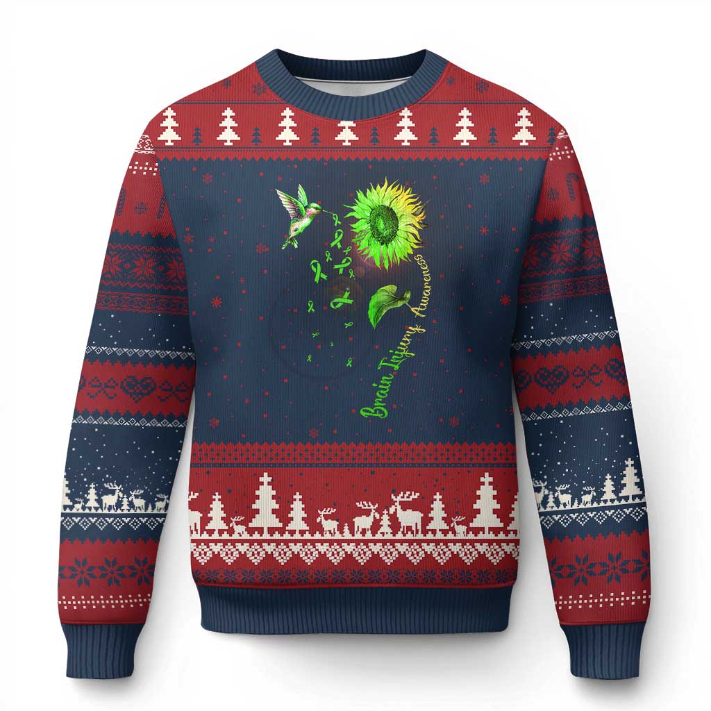 Traumatic Brain Injury Awareness Ugly Christmas Sweater Sunflower Hummingbird - Wonder Print Shop