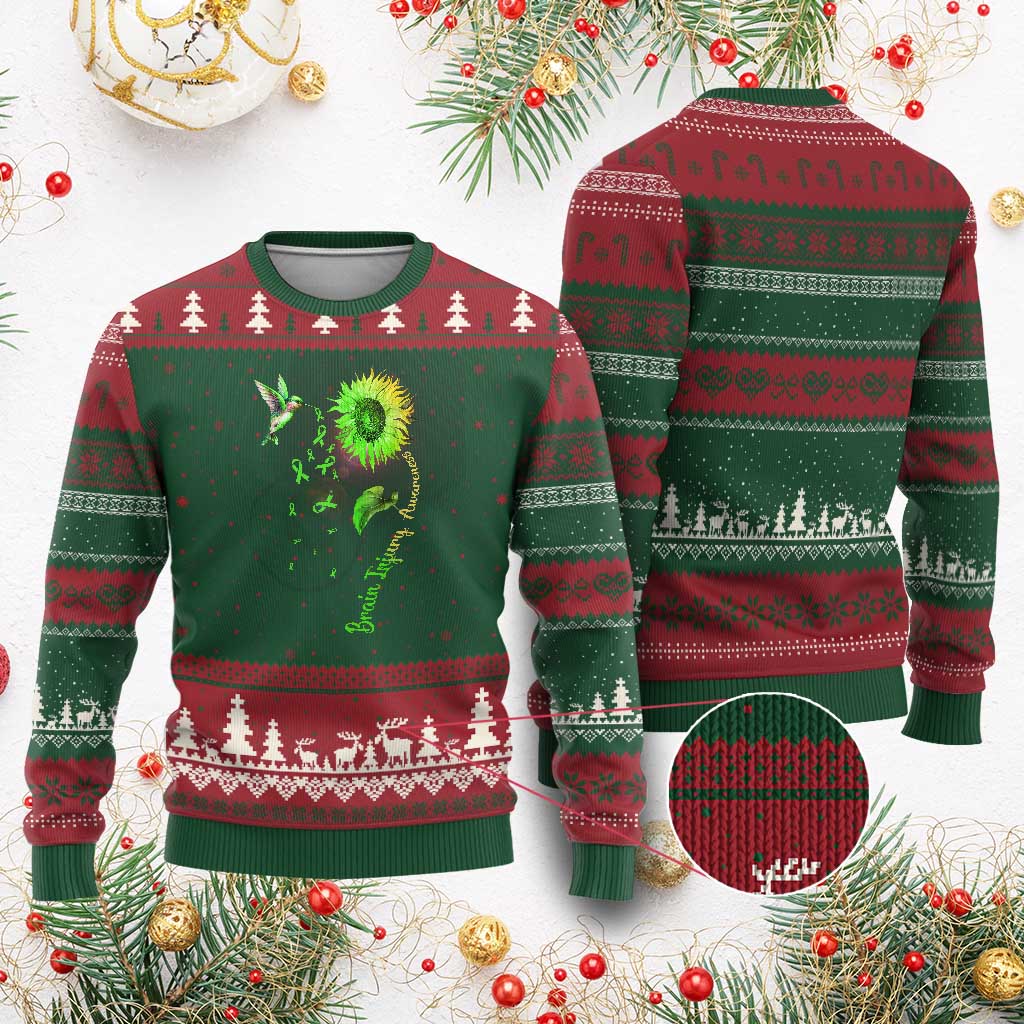 Traumatic Brain Injury Awareness Ugly Christmas Sweater Sunflower Hummingbird - Wonder Print Shop