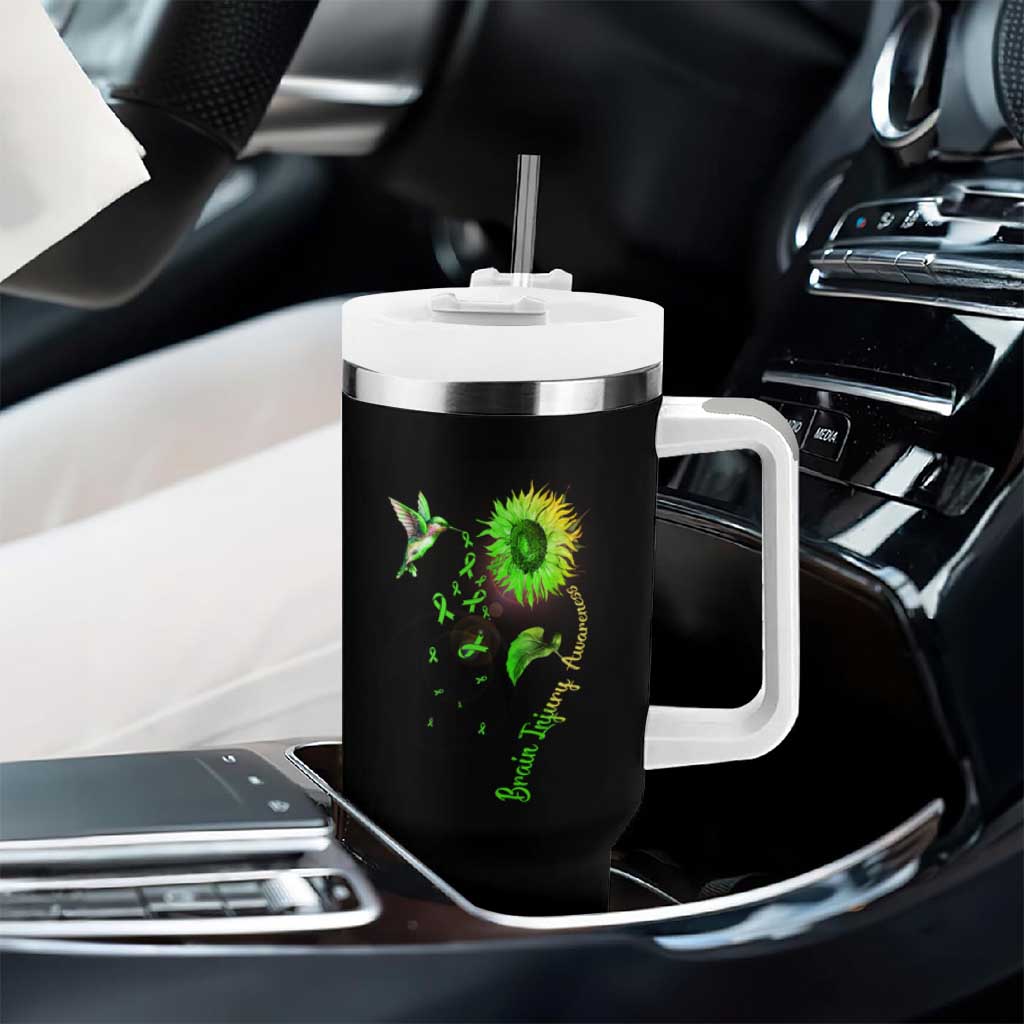 Traumatic Brain Injury Awareness Tumbler With Handle Sunflower Hummingbird