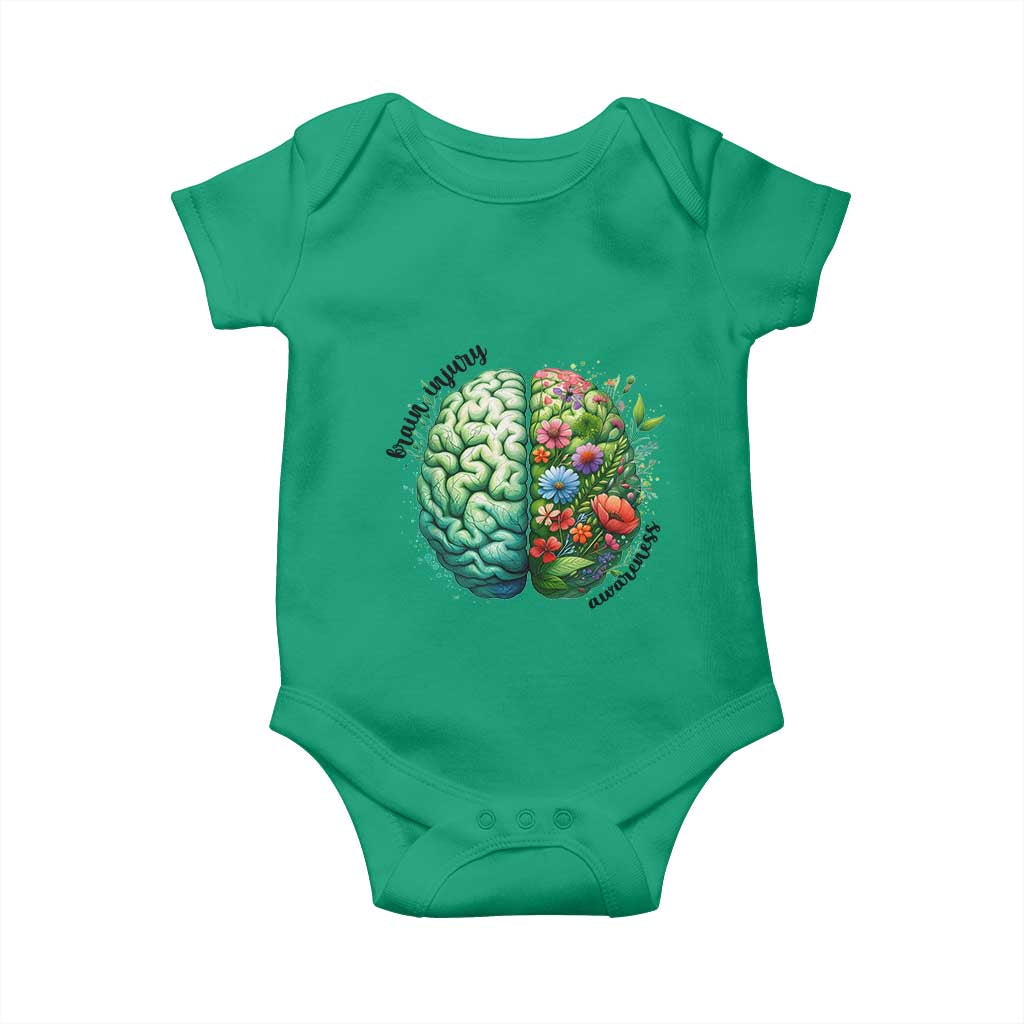 Traumatic Brain Injury Awareness Baby Onesie TBI Warrior Green Floral Brain