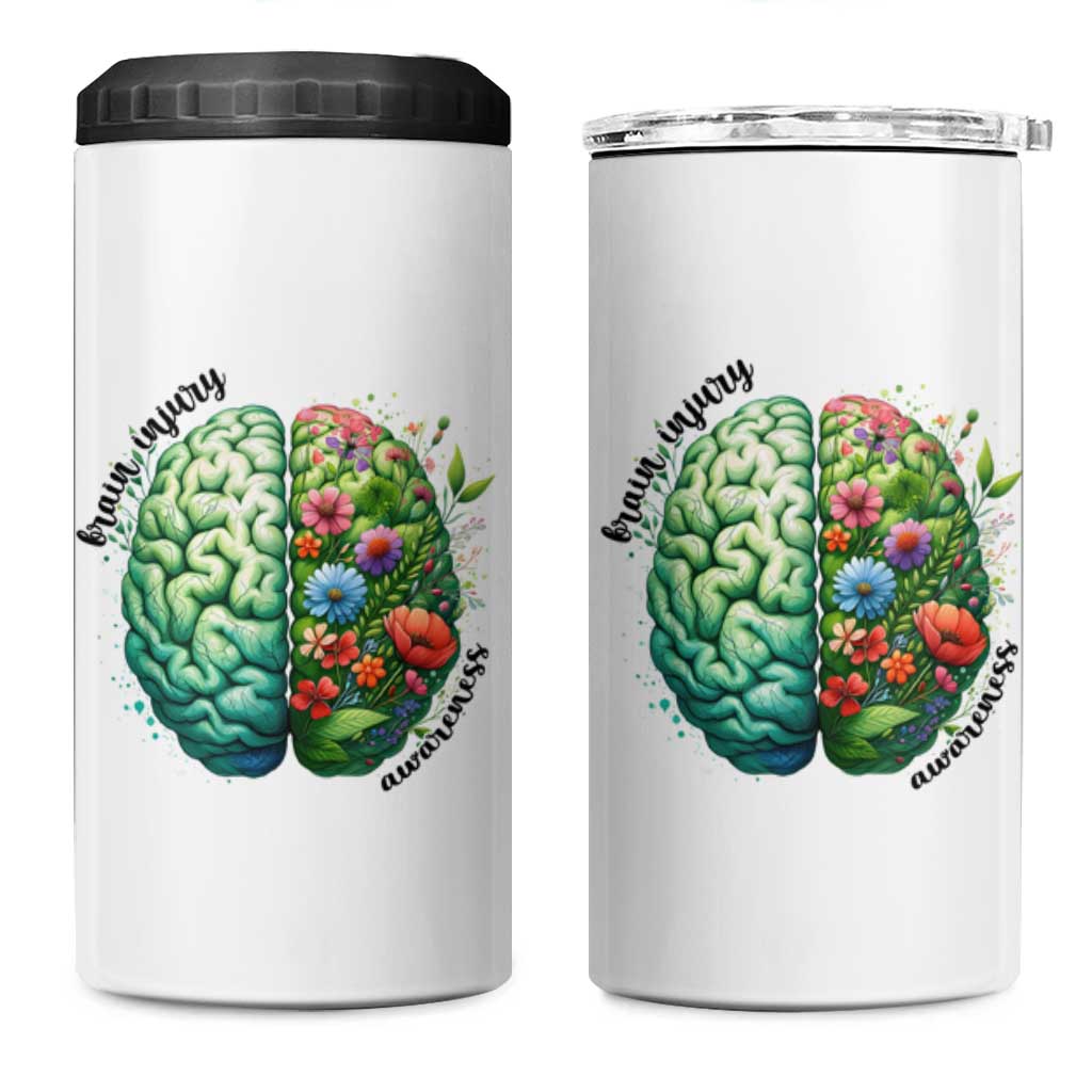 Traumatic Brain Injury Awareness 4 in 1 Can Cooler Tumbler TBI Warrior Green Floral Brain