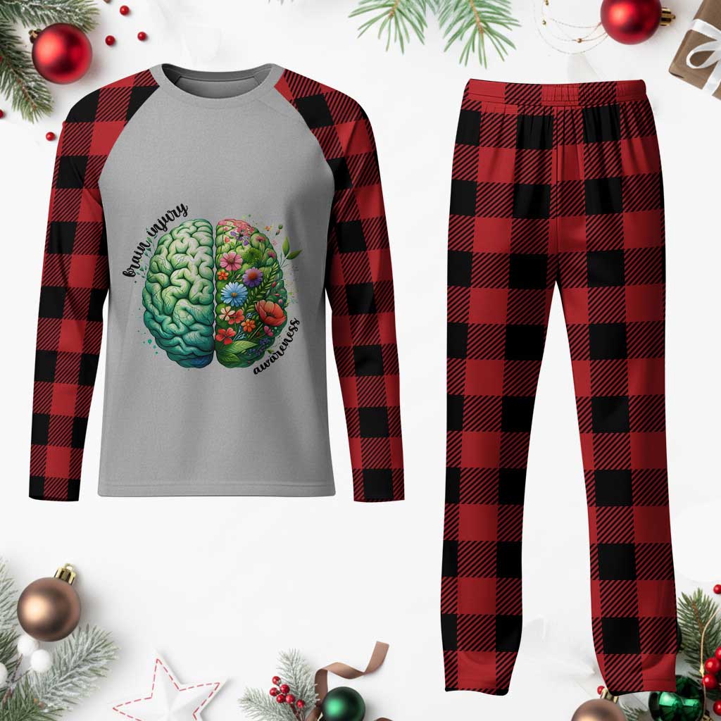Traumatic Brain Injury Awareness Plaid Pajama Set TBI Warrior Green Floral Brain - Wonder Print Shop