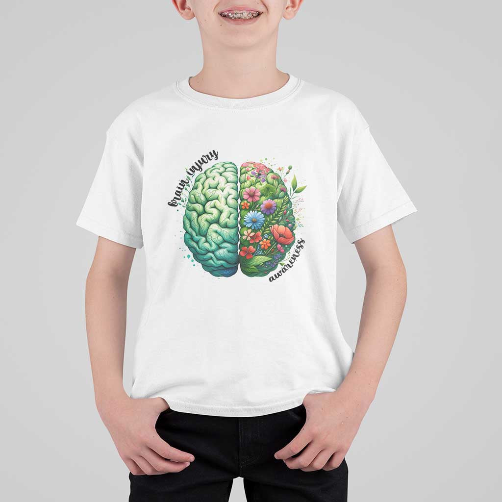 Traumatic Brain Injury Awareness T Shirt For Kid TBI Warrior Green Floral Brain