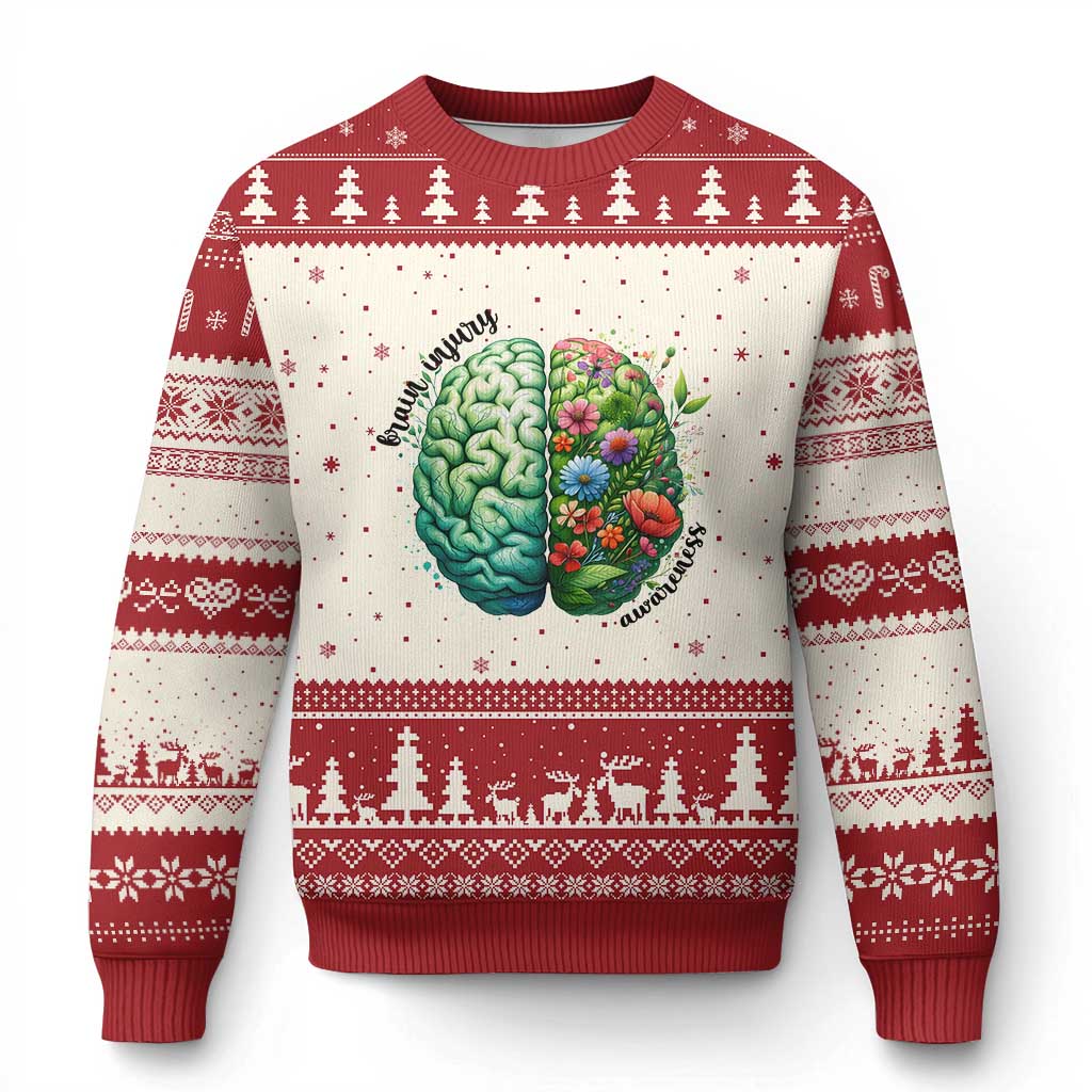 Traumatic Brain Injury Awareness Ugly Christmas Sweater TBI Warrior Green Floral Brain - Wonder Print Shop