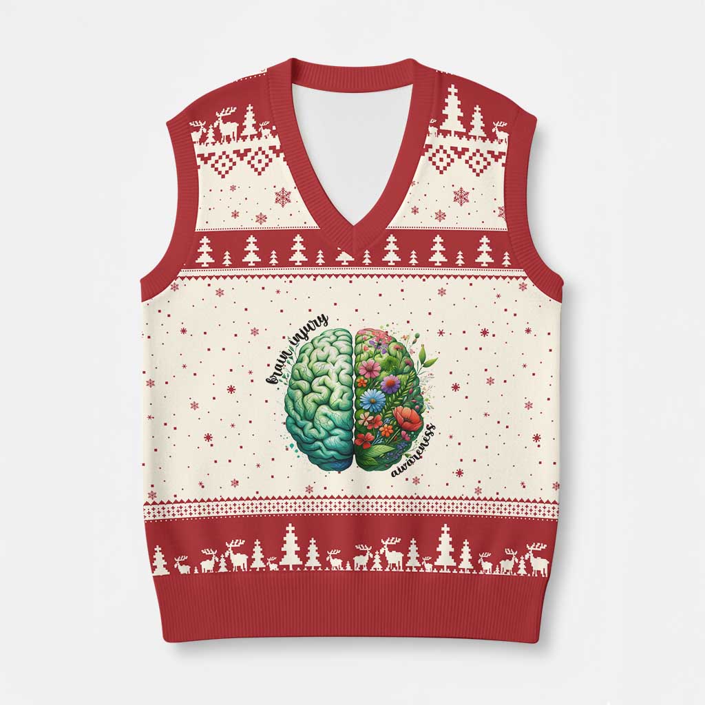 Traumatic Brain Injury Awareness V-Neck Knit Sweater Vest TBI Warrior Green Floral Brain - Wonder Print Shop