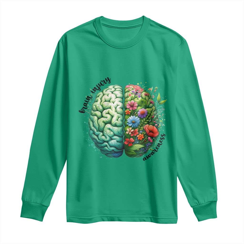 Traumatic Brain Injury Awareness Long Sleeve Shirt TBI Warrior Green Floral Brain